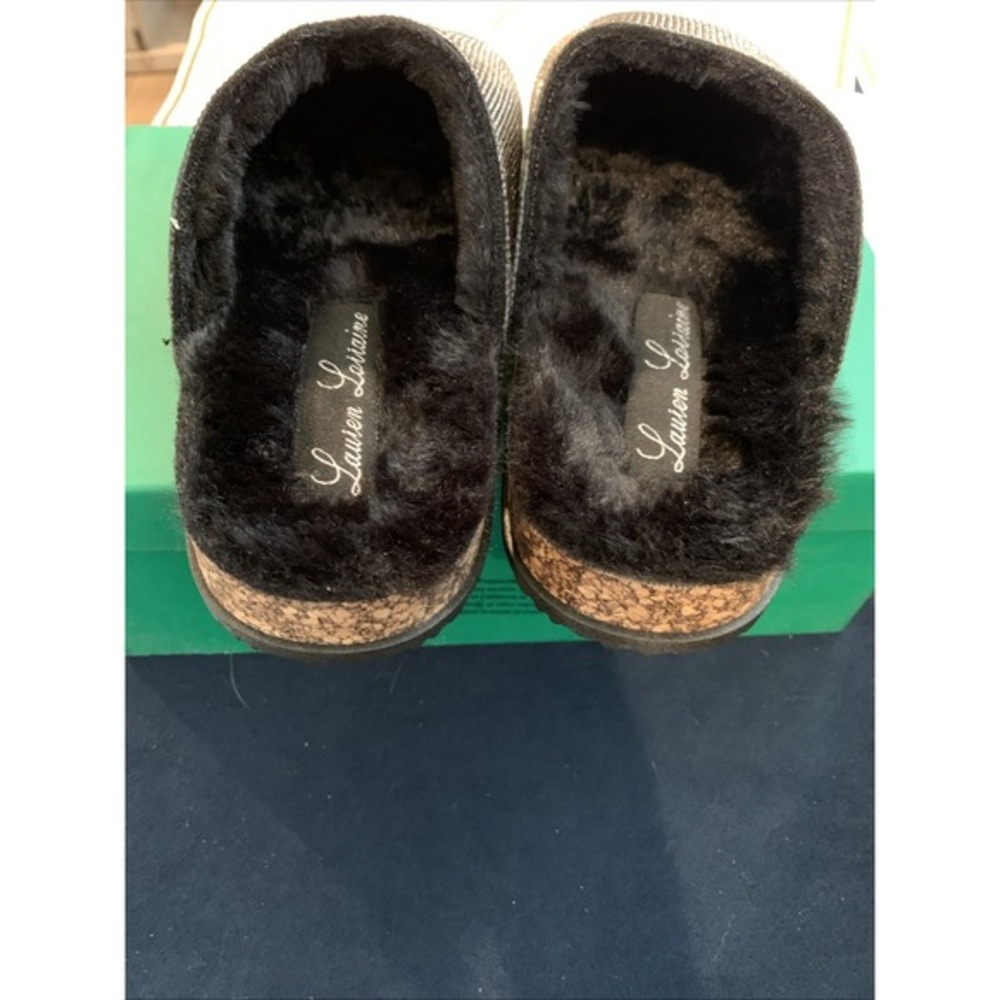 Lauren Lorraine Lizzy Black Pewter  Rhinestone Slides Faux Fur Lined Size 9 1/2 - Picture 2 of 5